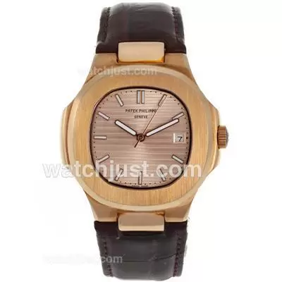 Patek Philippe Nautilus Automatic Rose Gold Case With Rose Gold Dial Leather Strap