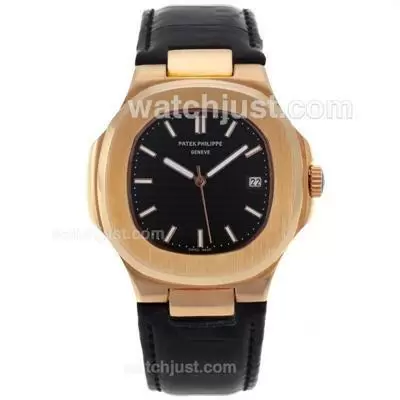 Patek Philippe Nautilus Automatic Rose Gold Case With Black Dial Leather Strap