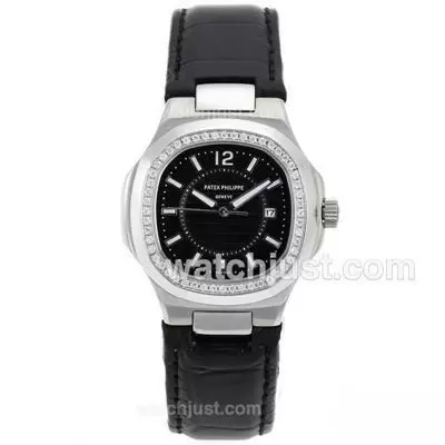 Patek Philippe Nautilus Diamond Bezel With Black Dial Leather Strap