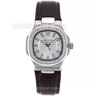 Patek Philippe Nautilus Diamond Bezel With White Dial Leather Strap