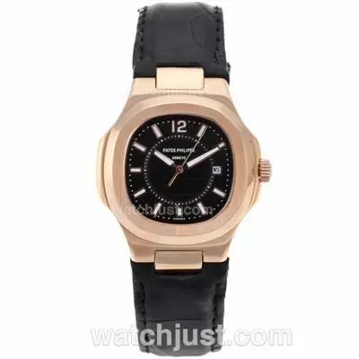 Patek Philippe Nautilus Rose Gold Case With Black Dial Leather Strap