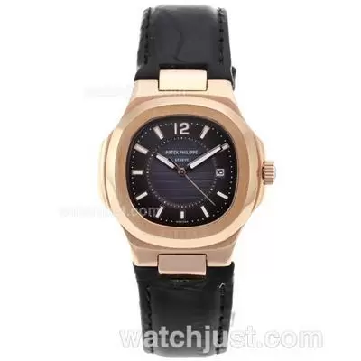 Patek Philippe Nautilus Rose Gold Case With Blue Dial Leather Strap