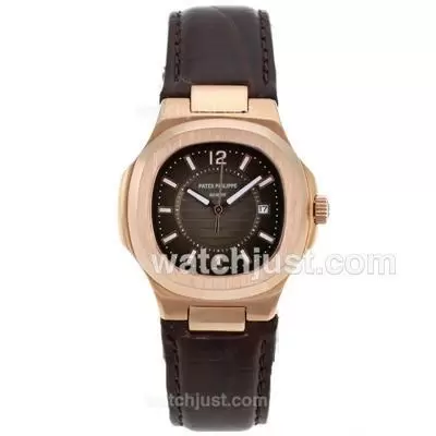 Patek Philippe Nautilus Rose Gold Case With Brown Dial Leather Strap