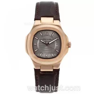 Patek Philippe Nautilus Rose Gold Case With Gray Dial Leather Strap