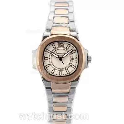 Patek Philippe Nautilus Automatic Two Tone Stick Markers With White Dial Sapphire Glass