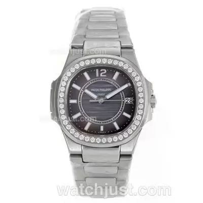 Patek Philippe Nautilus Automatic Movement Diamond Brezl Stick Markers With Gray Dial S/s Sapphire Glass