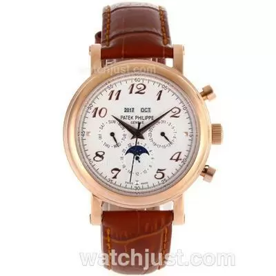 Patek Philippe Perpetual Calendar Automatic Rose Gold Case Number Markers With White Dial Brown Leather Strap