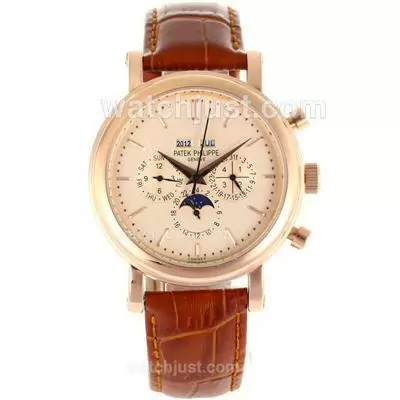 Patek Philippe Perpetual Calendar Automatic Rose Gold Case Stick Markers With Champagne Dial Brown Leather Strap