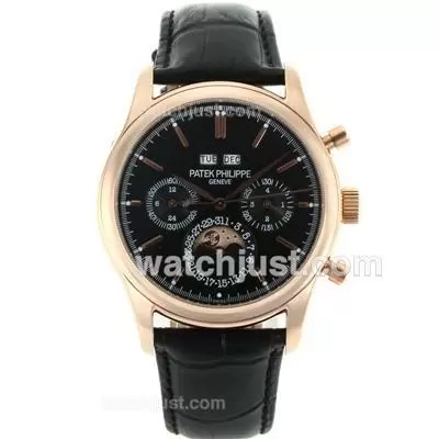 Patek Philippe Perpetual Calendar Automatic Rose Gold Case With Black Dial Leather Strap