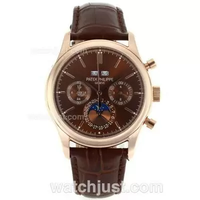 Patek Philippe Perpetual Calendar Automatic Rose Gold Case With Brown Dial Leather Strap