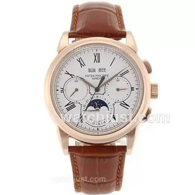 Patek Philippe Perpetual Calendar Automatic Rose Gold Case Roman Markers With White Dial 18k Plated Gold Movement