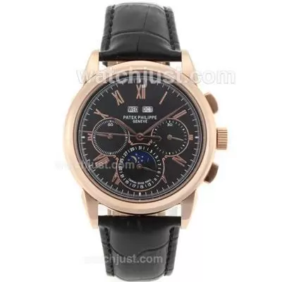 Patek Philippe Perpetual Calendar Automatic Rose Gold Case Roman Markers With Black Dial 18k Plated Gold Movement