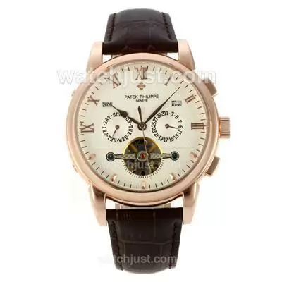 Patek Philippe Perpetual Calendar Tourbillon Automatic Rose Gold Case With White Dial Leather Strap