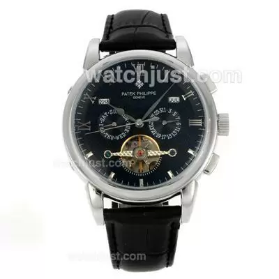 Patek Philippe Perpetual Calendar Tourbillon Automatic With Black Dial Leather Strap