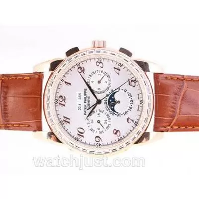 Patek Philippe Perpetual Calendar Chrono Automatic Rose Gold Case Cz Diamond Bezel With White Dial