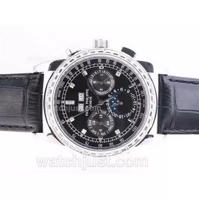 Patek Philippe Perpetual Calendar Chrono Automatic Cz Diamond Bezel With Black Dial