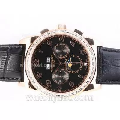 Patek Philippe Perpetual Calendar Chrono Automatic Rose Gold Case Cz Diamond Bezel With Black Dial