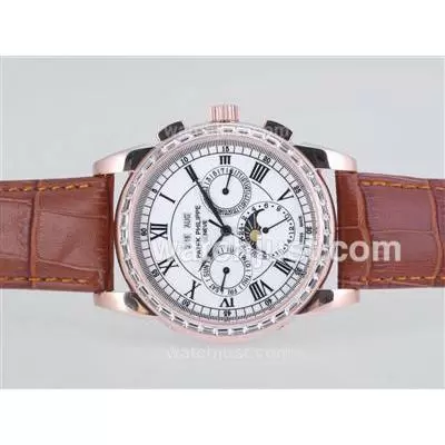 Patek Philippe Perpetual Calendar Automatic Rose Gold Case Cz Diamond Bezel With White Dial