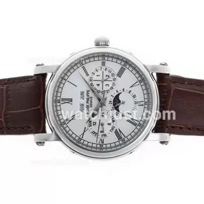 Patek Philippe Perpetual Calendar Moonphase Automatic With White Dial Leather Strap