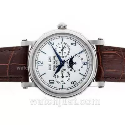 Patek Philippe Perpetual Calendar Moonphase Automatic With White Dial Leather Strap