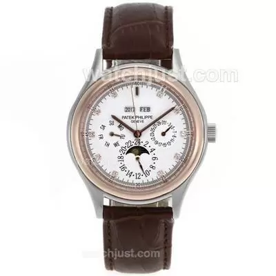 Patek Philippe Perpetual Calendar Automatic Two Tone Case With White Dial Leather Strap