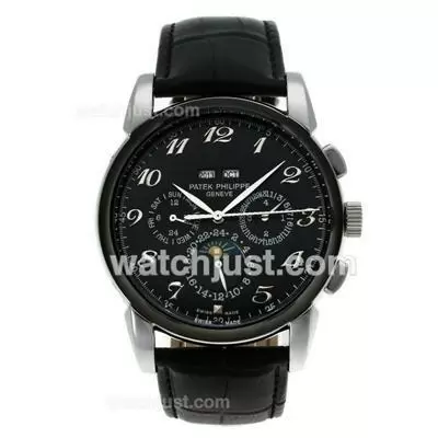 Patek Philippe Perpetual Calendar Automatic Number Markers With Black Dial Leather Strap