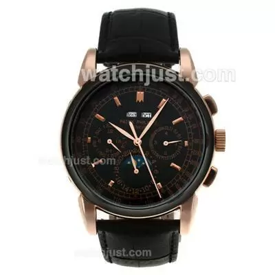 Patek Philippe Perpetual Calendar Automatic Rose Gold Case With Black Dial Leather Strap