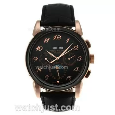 Patek Philippe Perpetual Calendar Automatic Rose Gold Case Number Markers With Black Dial Leather Strap