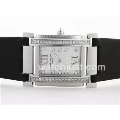 Patek Philippe Twenty 4 Hours Automatic Movement White Dial With Diamond Marking&bezel Black Strap Lady Size