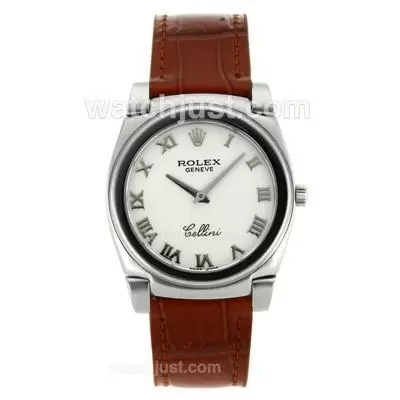 Rolex Cellini Roman Markers With White Dial Brown Leather Strap