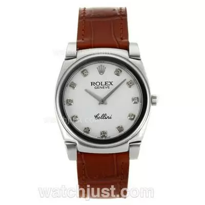 Rolex Cellini Diamond Markers With White Dial Brown Leather Strap