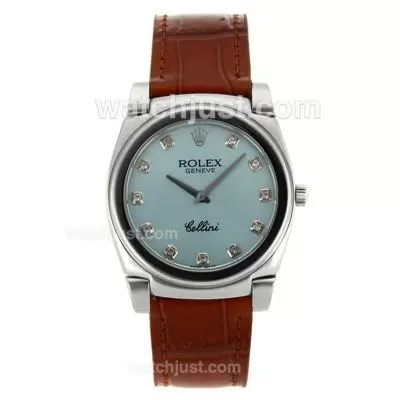 Rolex Cellini Diamond Markers With Blue Dial Brown Leather Strap