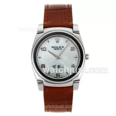 Rolex Cellini Stick/number Markers With Green Mop Dial Brown Leather Strap