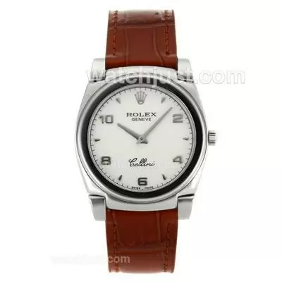 Rolex Cellini Stick/number Markers With White Dial Brown Leather Strap