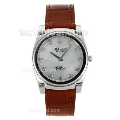 Rolex Cellini Diamond Markers With Mop Dial Brown Leather Strap