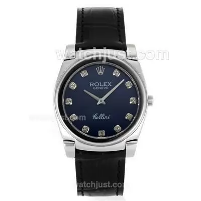 Rolex Cellini Diamond Markers With Blue Dial Black Leather Strap