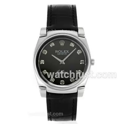 Rolex Cellini Diamond Markers With Gray Dial Black Leather Strap