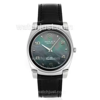 Rolex Cellini Stick/number Markers With Green Mop Dial Black Leather Strap