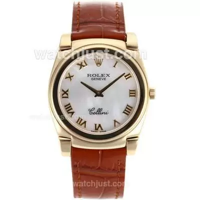 Rolex Cellini Full Gold Case Roman Markers With White Mop Dial Brown Leather Strap