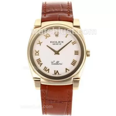 Rolex Cellini Full Gold Case Roman Markers With White Dial Brown Leather Strap