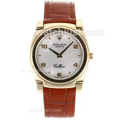 Rolex Cellini Full Gold Case With White Mop Dial Brown Leather Strap