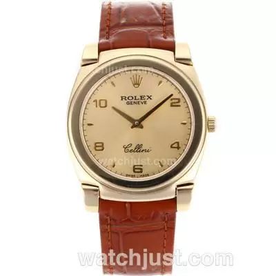 Rolex Cellini Full Gold Case With Golden Dial Brown Leather Strap