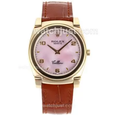 Rolex Cellini Full Gold Case With Pink Mop Dial Brown Leather Strap