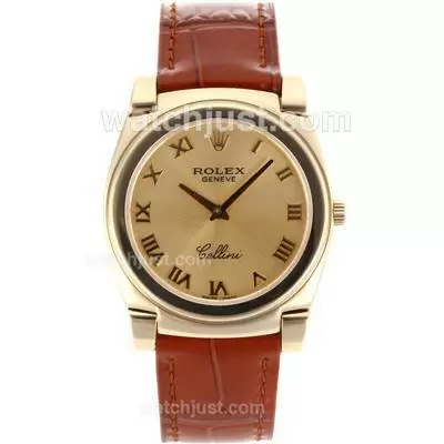 Rolex Cellini Full Gold Roman Markers With Golden Dial Brown Leather Strap