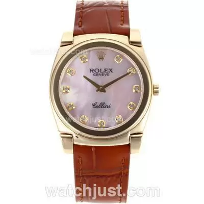 Rolex Cellini Full Gold Diamond Markers With Pink Mop Dial Brown Leather Strap