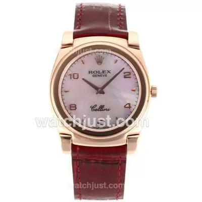 Rolex Cellini Full Rose Gold Case With Pink Mop Dial Red Leather Strap