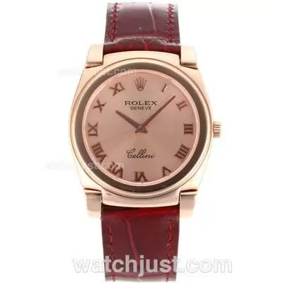 Rolex Cellini Full Rose Gold Roman Markers With Champagne Dial Red Leather Strap