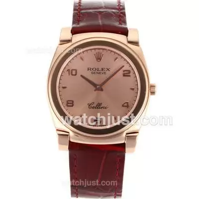 Rolex Cellini Full Rose Gold Case With Champagne Dial Red Leather Strap