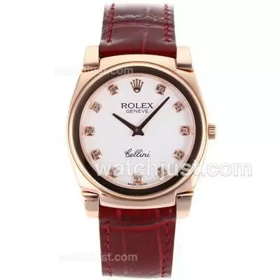 Rolex Cellini Full Rose Gold Diamond Markers With White Dial Red Leather Strap