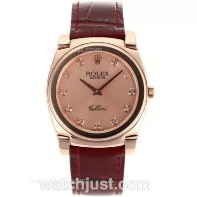 Rolex Cellini Full Rose Gold Diamond Markers With Champagne Dial Red Leather Strap